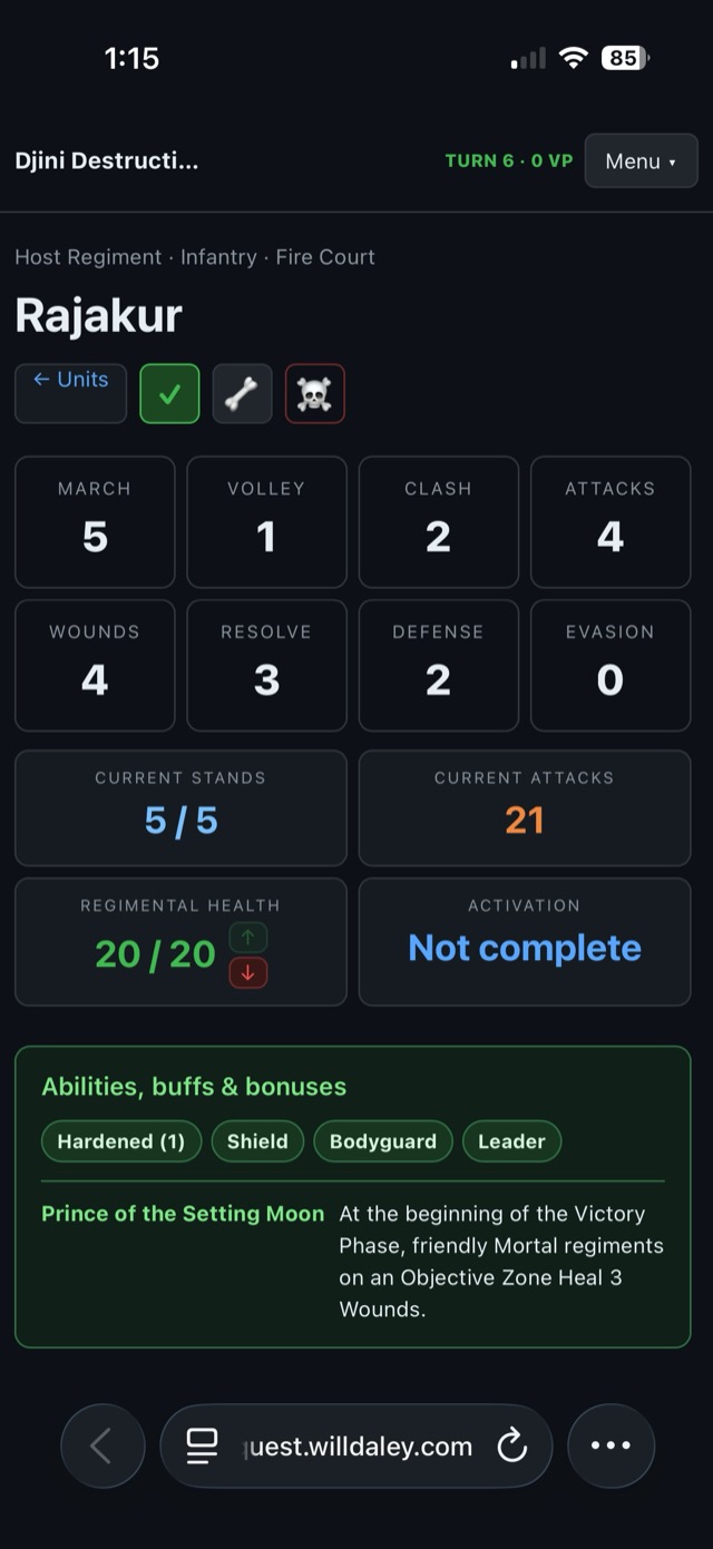 Conquest Battle Manager mobile view