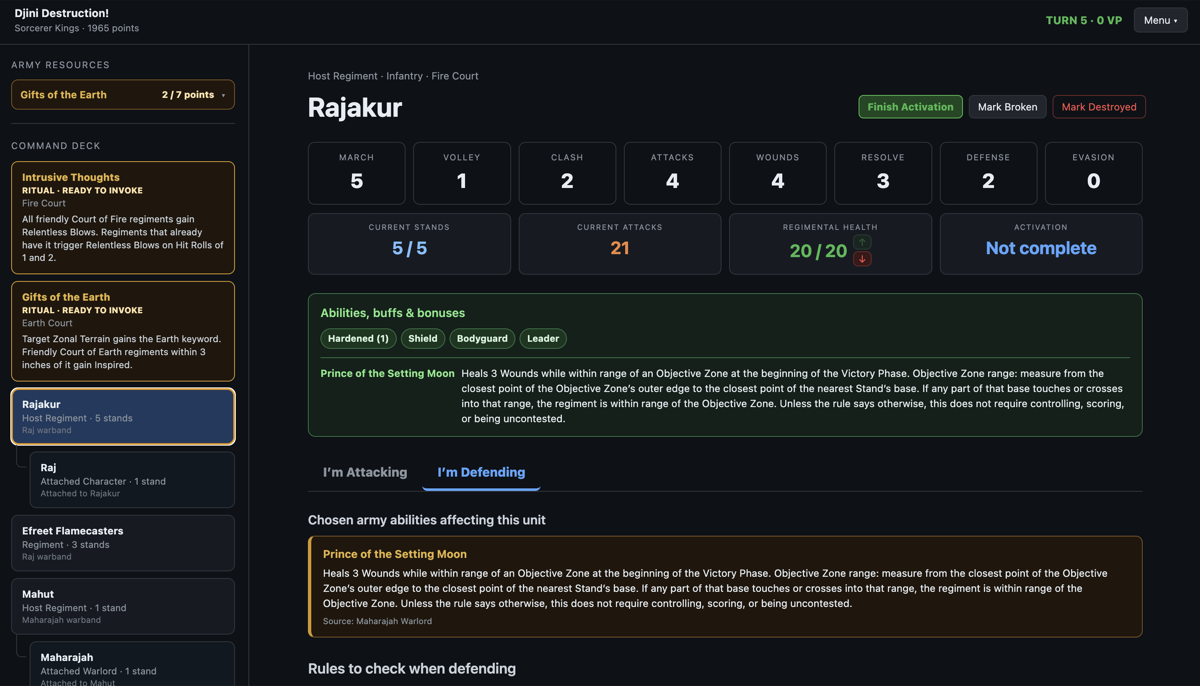 Conquest Battle Manager tabletop companion dashboard screenshot